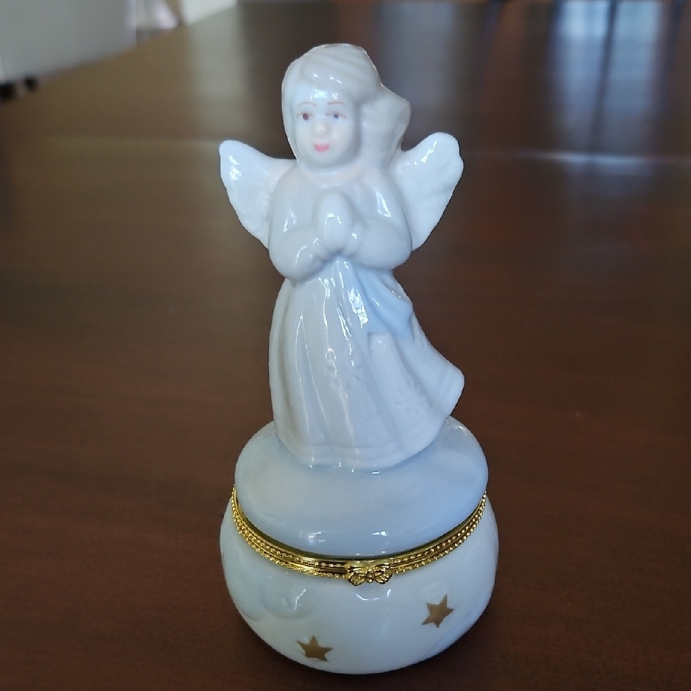 Porcelain Angel Figurine Trinket Box with Gold Accents